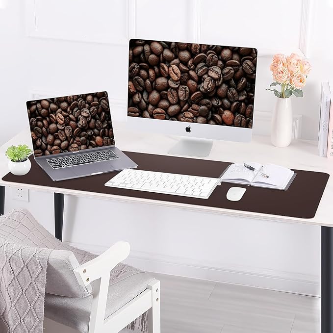 AFIING Leather Desk pad Protector, Large Non-Slip Office Desk Mat with Natural Cork & PU Leather, Waterproof Writing Mouse Pad for Office and Home (55in*17in,Coffee)