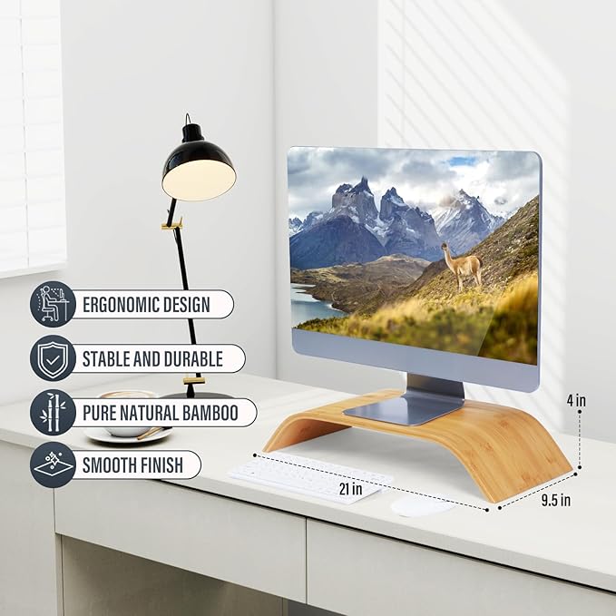 21in Large Single Monitor Stand，Desk Shelf Monitor Stand Ergonomic Height，Premium Natural Bamboo Wood Computer Stand Monitor Riser for Your Desktop，PC, Printer, Computer，Laptop，No Assembly Required