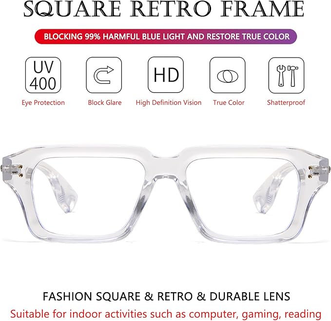 AIEYEZO Fashion Square Blue Light Glasses for Men Women Retro Thick Frame Blue Light Blocking Computer Glasses