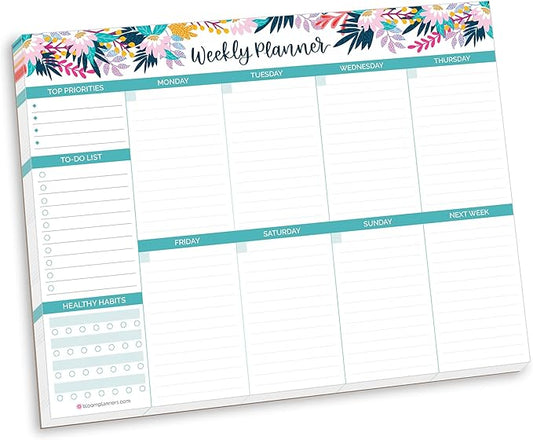 bloom daily planners Horizontal Weekly Tear-Off To Do List Planning Pad - Undated Notepad Organizer & Healthy Habit Tracker - 8.5” x 11” - Floral