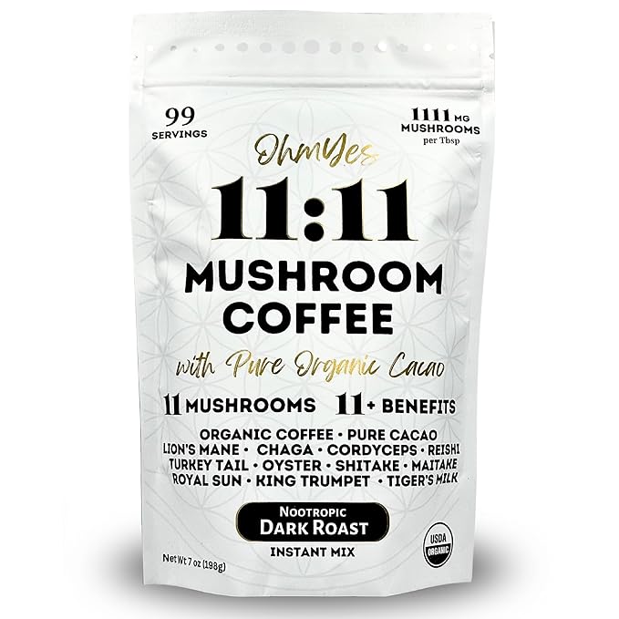 Ohmyes 11 Mushroom Coffee with Cacao – 11 USA Grown Adaptogenic Mushrooms for Focus, Clarity & Energy – Lion’s Mane, Reishi, Chaga + Nootropic Organic Superfood by OhmYes (7oz) - 99 Servings
