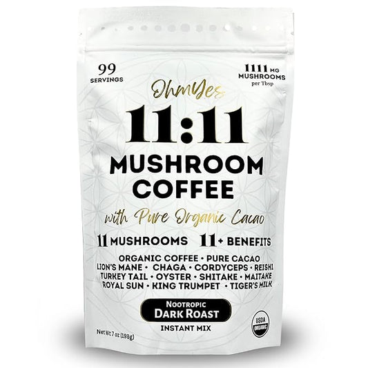 Ohmyes 11 Mushroom Coffee with Cacao – 11 USA Grown Adaptogenic Mushrooms for Focus, Clarity & Energy – Lion’s Mane, Reishi, Chaga + Nootropic Organic Superfood by OhmYes (7oz) - 99 Servings