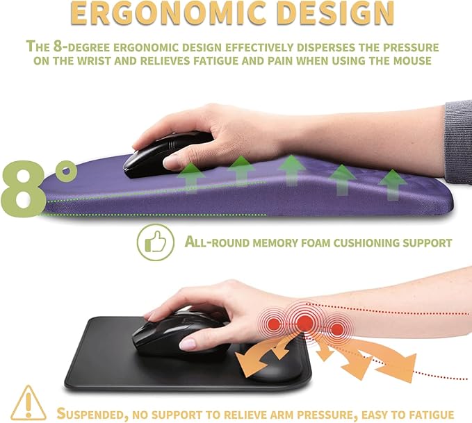 Ergonomic Wrist Rest Mouse Pad, Massage Design for Carpal Tunnel Pain Relief, Entire Memory Foam Non-Slip, Purple