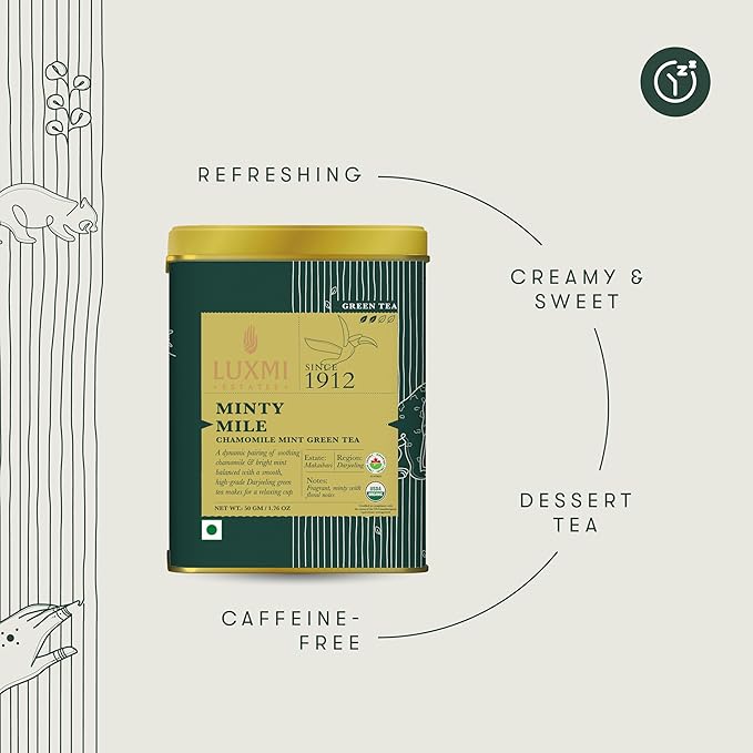Luxmi Estates - Minty Mile - Organic Chamomile Mint Tea - Loose Leaf - 50g (25 Cups) | With Chamomile, Lemongrass, Spearmint and Peppermint | Low Caffeine Chamomile Tea | Best for Night Time
