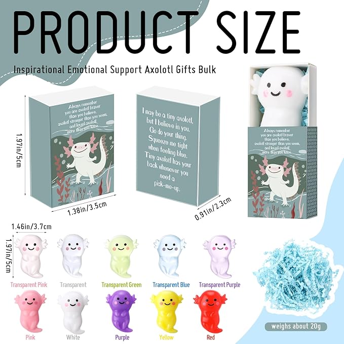 Wettarn 20 Sets Axolotl Positive Gifts Cute Stress Balls with Support Gift Boxes Inspirational Party Favors for Employee Coworker Friends Office Appreciation Relief Toys