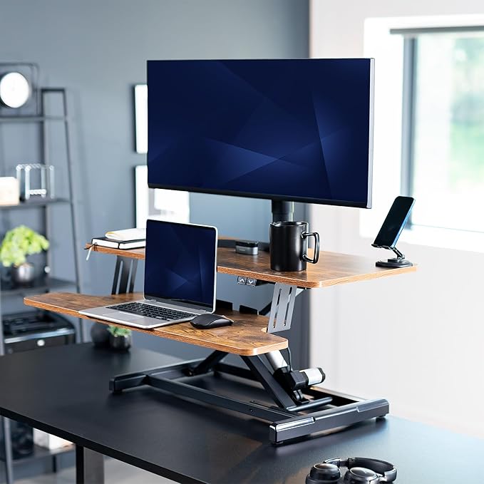 VIVO 36 inch Electric Motor Desk Converter, Height Adjustable Riser, Sit to Stand Dual Monitor and Laptop Workstation with Wide Keyboard Tray, Vintage Brown, DESK-VE36N