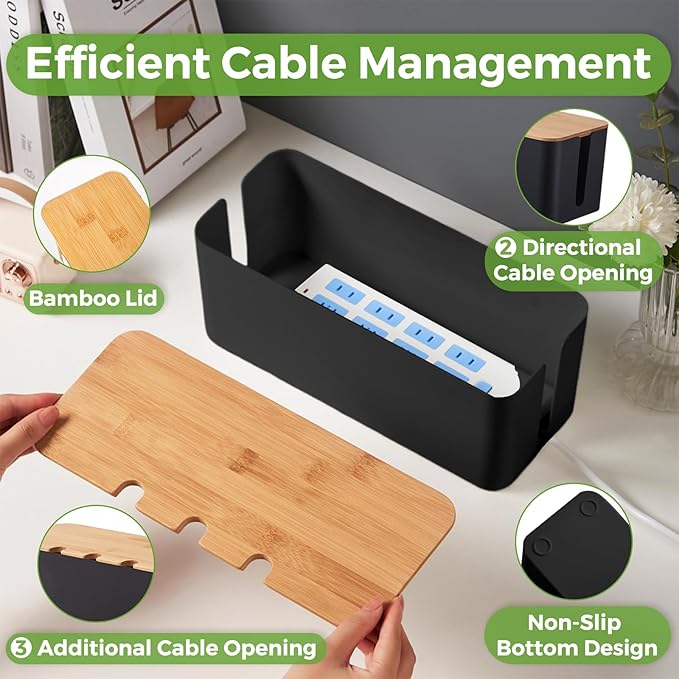 Cable Management Box, Cord Cable Organizer Box with Bamboo Lid, Under Desk Cable Management with 10 Cable Ties and 2 Cable Clip Holders for TV Router Computer USB Hub Black