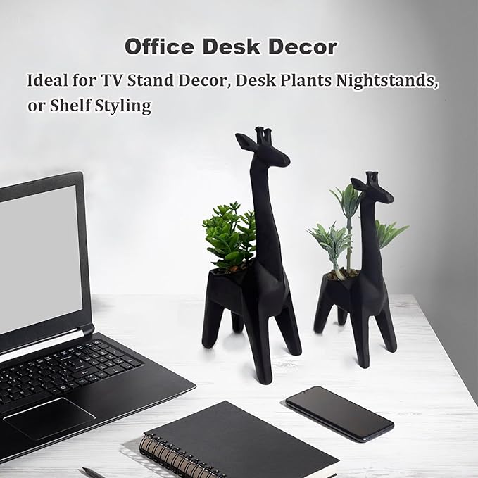 2PCS Cute Artificial Mini Succulent Plants with Creative Giraffe Shaped Pots, Desk Plant for Office Decor for Women,Small Fake Plants for Shelf Desk,Bathroom,Tabletop Decor (Black)