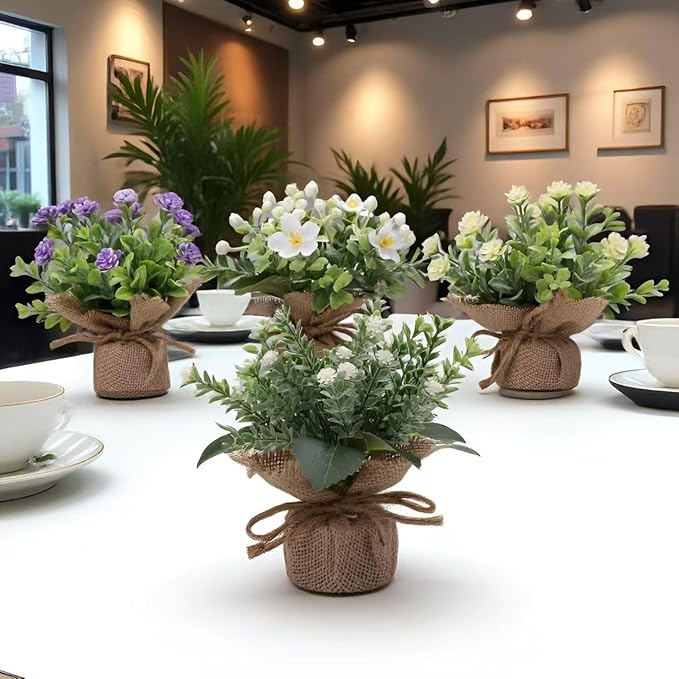 Artificial Flower Decoration mini Fake Plants Indoor Cute Small Faux Eucalyptus for House Home Living Room Bathroom Table Desk Office Hotel Spring Decor 4 Kinds of Flowers