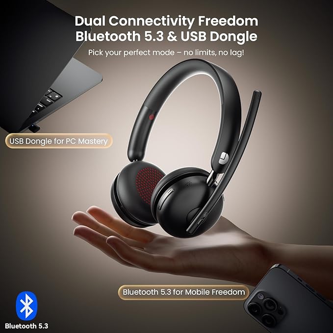 Bluetooth 5.3 Headset, Wireless Headset with Mic for Work (AI Noise Cancelling), Wireless Headphones with Mic & USB Dongle, 65H & Mute Function, Fit for PC/Call Center/Computer/Laptop/Teams