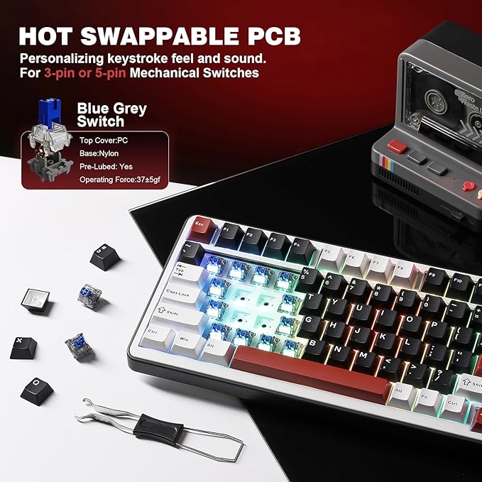 YUNZII B75 PRO Wireless Mechanical Keyboard,75% Layout with Knob,Hot Swap Gasket Custom Structure,Creamy Pre-lubed Switches,RGB Backlit,Bluetooth/Type-C/2.4G for Win/Mac(Blue Grey Switch,Black)