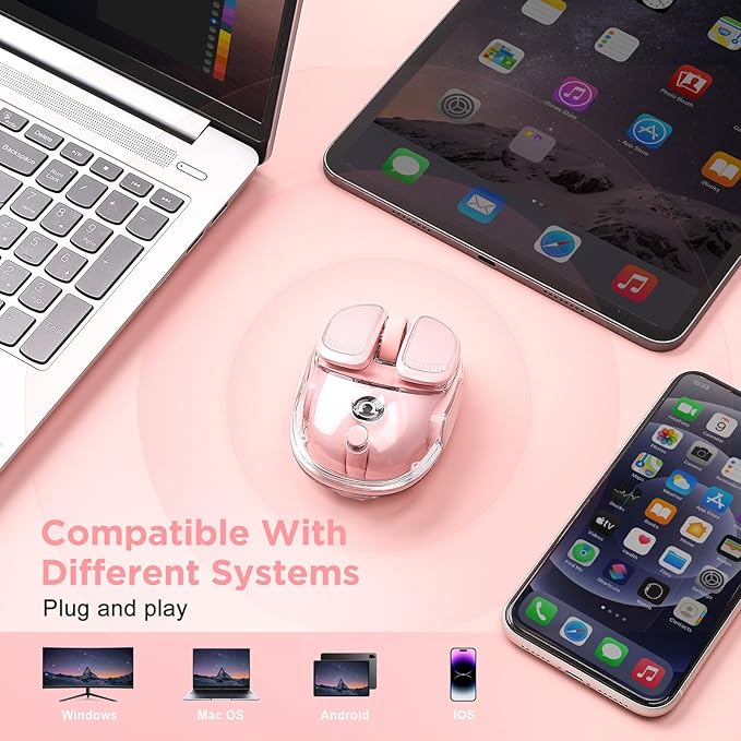Q9 Wireless Computer Mouse, 2.4GHz/Bluetooth Mouse, Ergonomic Optical Mouse with RGB Lighting,Silent Clicks,4800 DPI, 4 Adjustment Levels,Compatible with PC, Mac, Laptop(Pink)