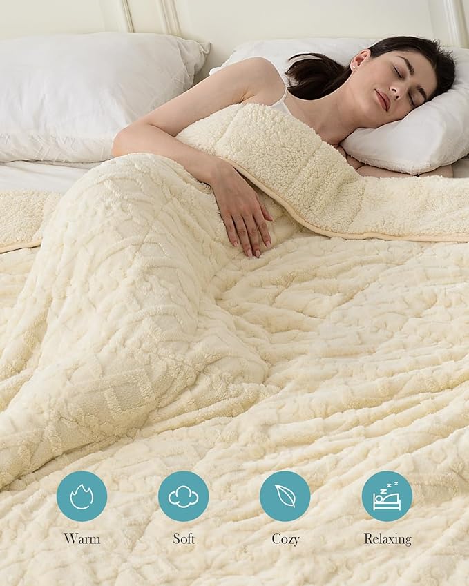 Topblan Weighted Blanket Twin Size 15 Pounds, Soft Weighted Blanket with Doubled-Sized Shaggy Sherpa, Jacquard Knitted Stylish Warm Weighted Blankets Throw for Better Sleep, Beige, 48 x 72 inches