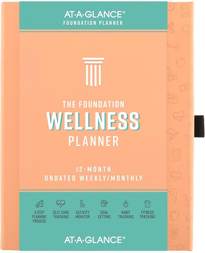 AT-A-GLANCE Foundation Wellness Planner, Undated Weekly & Monthly Tracker, Self-Care Journal for Mental and Physical Health, Hardcover, 5-3/4" x 8-1/4", Peach (FDH-200)
