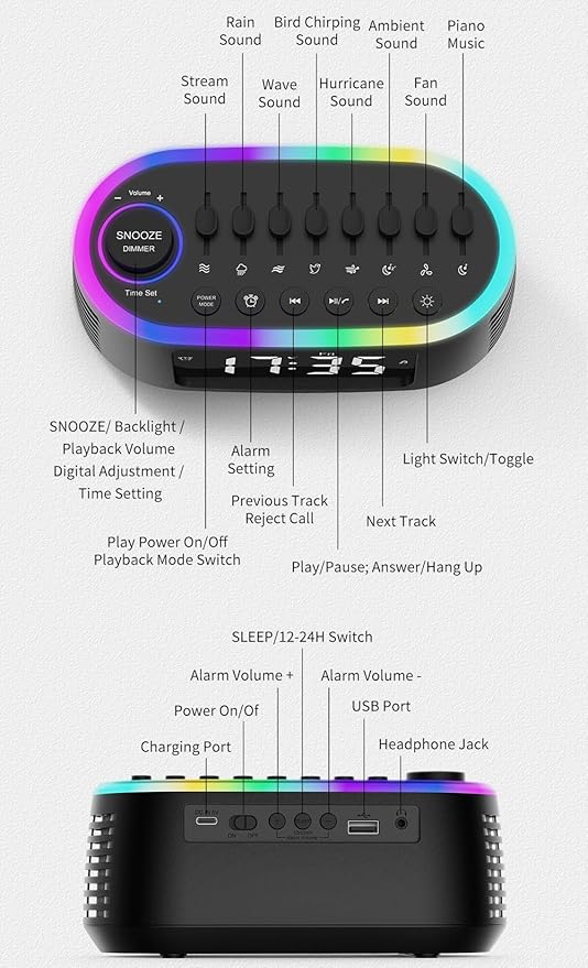 White Noise Machine Bluetooth Speaker, Digital Alarm Clock Sleep Timer with LED Display RGB Night Light, Soothing Natural Sleeping Sound Machine for Baby, Kids, Adults, Bedrooms (Black)