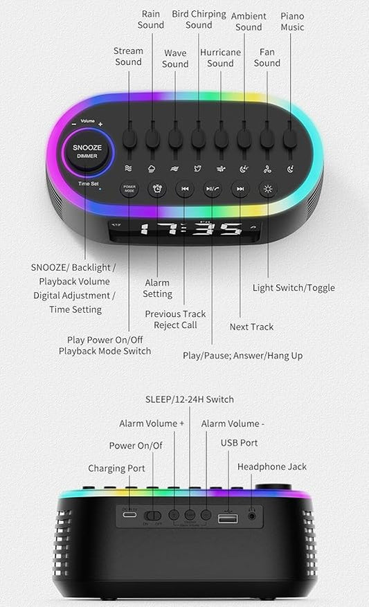 White Noise Machine Bluetooth Speaker, Digital Alarm Clock Sleep Timer with LED Display RGB Night Light, Soothing Natural Sleeping Sound Machine for Baby, Kids, Adults, Bedrooms (Black)