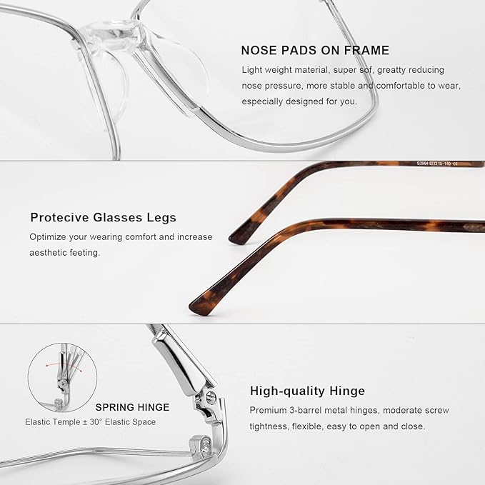 RB. Pilot Reading Glasses Spring Hinge Readers for Women Blue Light Blocking Computer Metal Frame Acetate Legs