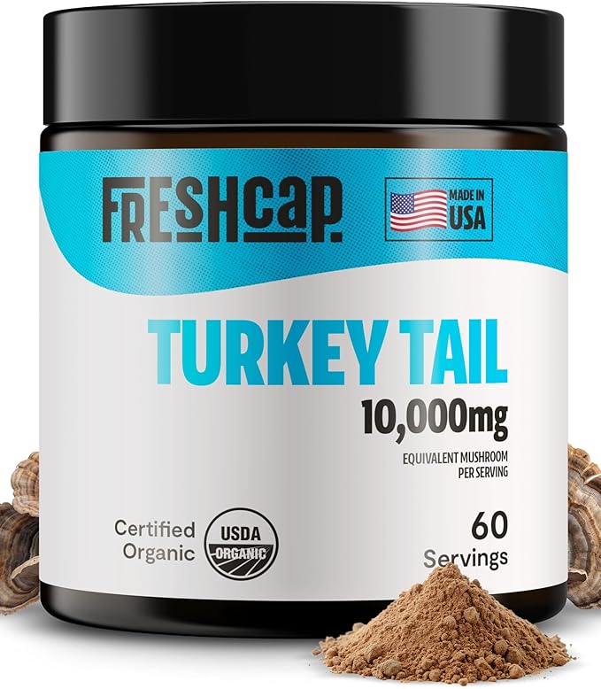 FreshCap Mushrooms Turkey Tail Mushroom Powder 10,000mg - Turkey Tail Supplement Mushroom Extract for Immune Support, Ayurveda Nootropic Supplement (60 Servings)