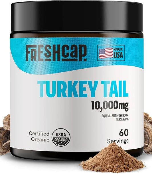 FreshCap Mushrooms Turkey Tail Mushroom Powder 10,000mg - Turkey Tail Supplement Mushroom Extract for Immune Support, Ayurveda Nootropic Supplement (60 Servings)
