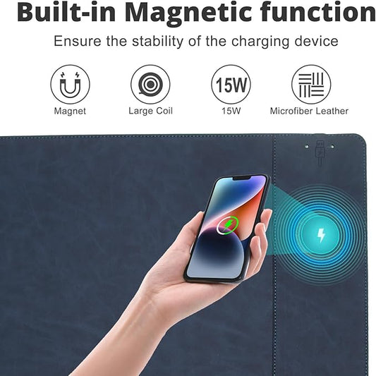 Magnetic Wireless Charging Desk Mat, 23.4"x15.6" Large Office Mouse Pad, Microfiber Leather Mouse Mat with Ultra-Smooth Surface, Waterproof Computer Keyboard Desk Mat for Office & Home, Laptop, Blue