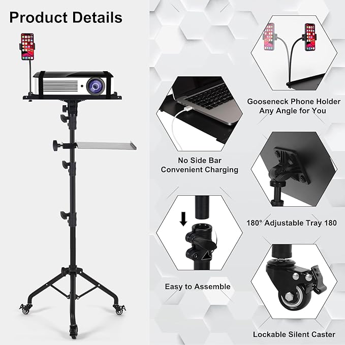 Laptop Tripod on Wheels with 2 Shelves, Portable Projector Floor Stand Adjustable Height 25.9 to 51.8 Inch with Phone Holder