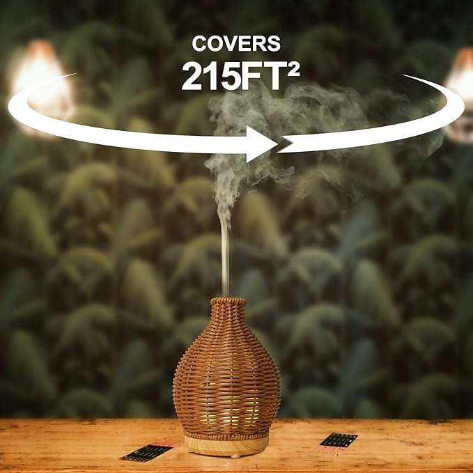 Rattan Woven Essential Oil Diffuser, Aroma Humidifier with Timer and Waterless Auto-Off, 80ML Ultrasonic Aromatherapy Diffuser with Warm Light for Office and Home