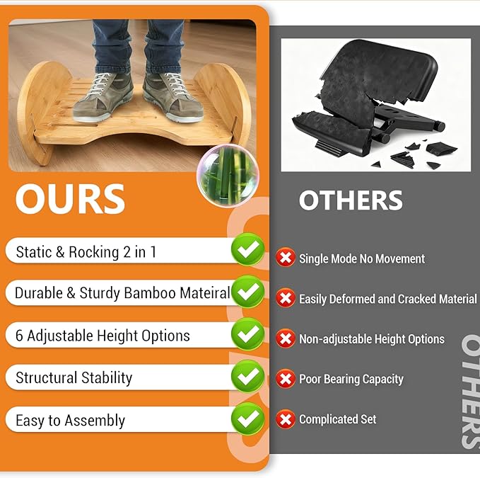 Bamboo Foot Rest for Under Desk at Work - Reversible Rocking Desk Footrest 2-in-1 with 6 Adjustable Heights, Ergonomic Foot Rest Under Desk with Anti-Slip Surface for Home, Office and Gaming