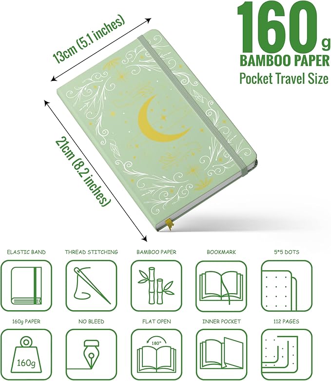 BUKE A5 Dotted Journal – 160gsm Ultra Bamboo Paper, Moon & Star Foil Cover, Flat Lay Notebook with Gift Box – 160 Pages, 5mm Dot Grid, Faux Leather Hardcover (Matcha Green)