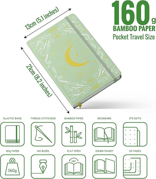 BUKE A5 Dotted Journal – 160gsm Ultra Bamboo Paper, Moon & Star Foil Cover, Flat Lay Notebook with Gift Box – 160 Pages, 5mm Dot Grid, Faux Leather Hardcover (Matcha Green)