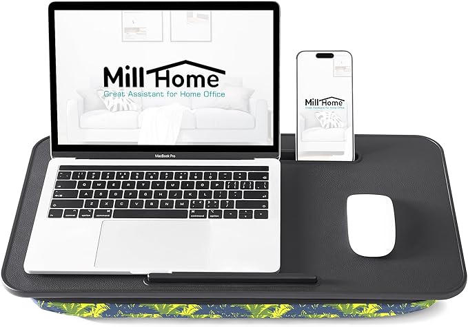 Millhome Lap Desk | Portable Laptop Desk – Fits Up to 17.3" Laptops – Detachable & Washable Cushion, Phone Holder, Device Ledge – for Writing, Working, Reading on Bed, Couch, Sofa, Floor – Green Palm