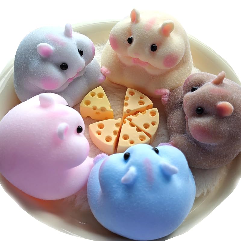 Handmade Flocked Hamster Taba Squishy Toy - Cute Realistic Silicone Animal Fidget Sensory Toy, Ultra-Soft Stress Relief Squeeze Toy for Relaxation Gift (Family (5 Colors))