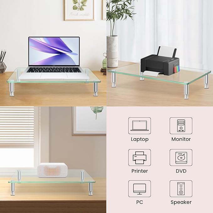 Tempered Glass Monitor Riser with Height Adjustable, Clear Computer Monitor Stand for Desk, Laptop TV, Desk Organization, 2Pcs, 15L x9.45W x3.75H Inches