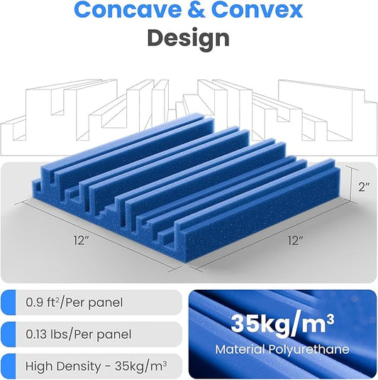 12 Pack Acoustic Foam Panels for Walls, 12" x 12" x 2" Soundproof Wall Panels, Self-Adhesive Soundproofing Padding, High Resilience Sound Absorbing Panels for Home Studios, Offices - Blue