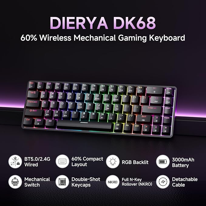 DIERYA DK68 60% Wireless Mechanical Gaming Keyboard, Triple Mode 2.4GHz/USB-C/BT5.0 with Red Switch, RGB Backlit, Anti-Ghosting Keys, 68 Keys Portable Mini Wired Office Keyboard-Black