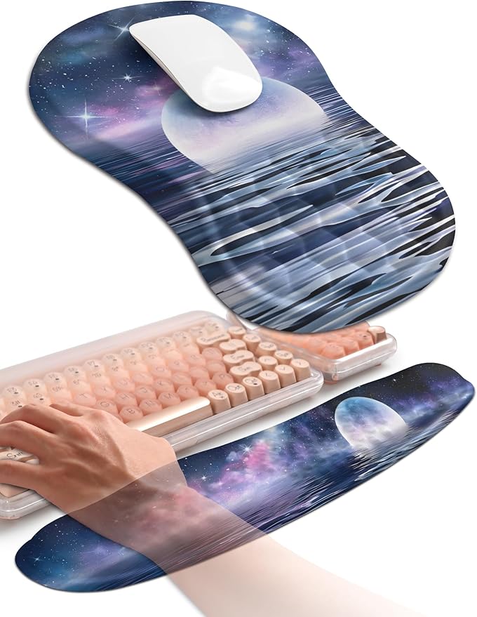 Hokafenle 2in1 Combination, Wave Keyboard Wrist Rest and Ergonomic Curvature Mouse Pad Wrist Support for Relieve Wrist Pain, Filled with Soft Cushion Memory Foam, Moonlit Starry Sea