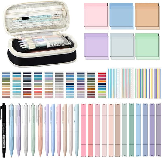 135 Pcs Book Annotation Kit Aesthetic Pencil Case Bag with 12 Highlighter 11 Gel Pen 1 Marker 300 Sheets Transparent Sticky Notes Pads 2640 Index Tabs Bible Study Supplies for School Gift(Black)