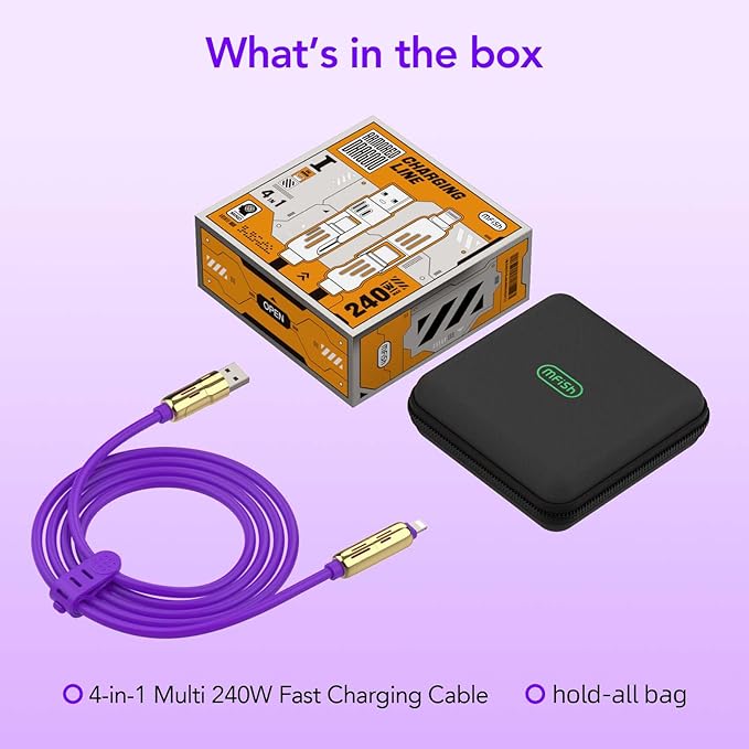 MFish 4-in-1 Universal USB Charging Cable with Carrying Case – 240W Max Fast Charger Cord, USB-A, Dual USB-C & Lighting, for iPhone 14/15/16/17 Series, iPad & MacBook and More (Purple Color, 6.6Ft)