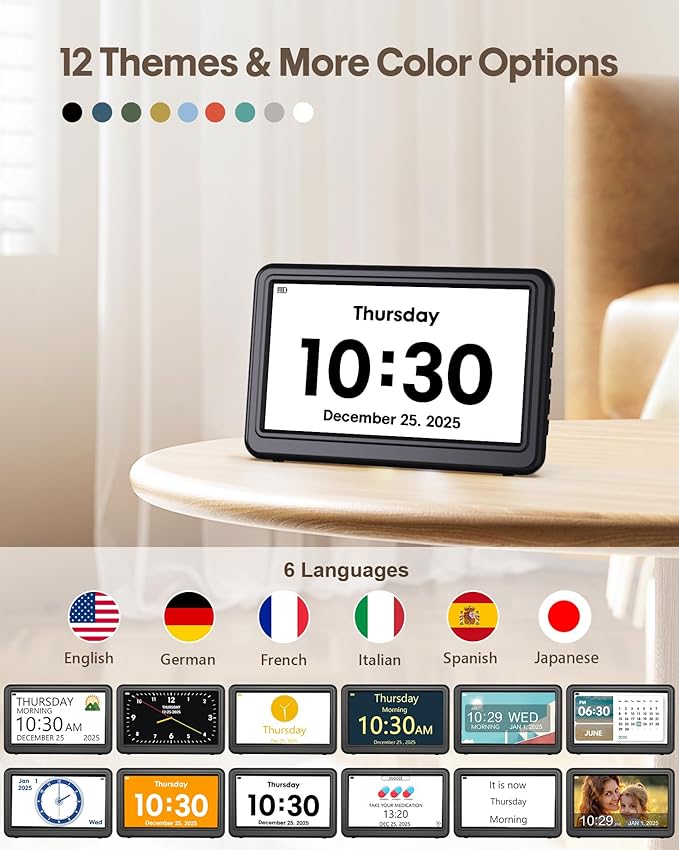 Clock with Day and Date for Elderly Battery Operated, Rechargeable Digital Calendar Clock with 12 Display Modes, 20 Alarms and Medicine Reminders, Dementia Clock for Seniors Memory Loss Alzheimer's