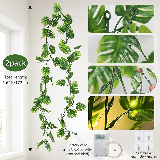 RECUTMS Artificial Monstera Leaf Vines Whit Light 2Pcs, 5.9FT Fake Hanging Ivy Plant Faux Tropical Palm Leaves Greenery Vine Garland Indoor Outdoor Garden Porch Patio Jungle Luau Birthday Party Décor