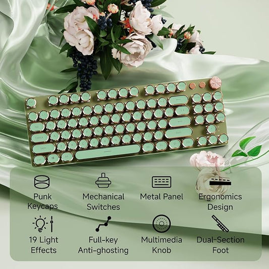 EWEADN V20 Green Typewriter Keyboard,87 Keys Backlit Typewriter Style Mechanical Keyboards, Media Control Knob, Wired/BT5.0/2.4G Typewriter Style Computer Keyboards Pink Switch for Windows/Mac/PC