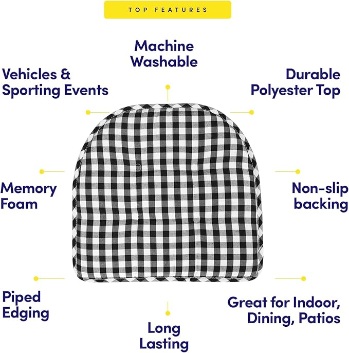 Sweet Home Collection Chair Cushion Memory Foam Pads Tufted Slip Non Skid Rubber Back U-Shaped 17" x 16" Seat Cover, 12 Pack, Checkered Black/White