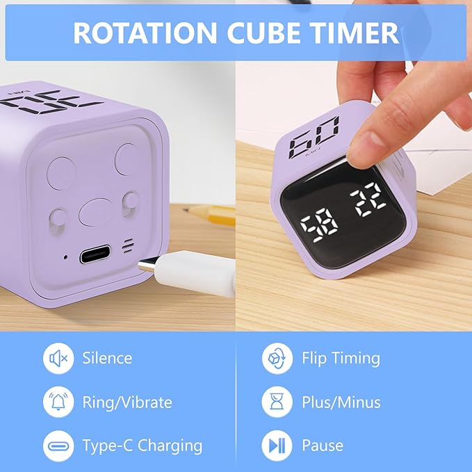 Digital Cube Productivity Timer, Rotating Pomodoro Timer with Gravireceptor 5-10-30-60 Min& Custom Countdown, Vibration & Adjustable Volume Timers for Learning Office Kitchen Desk, Purple