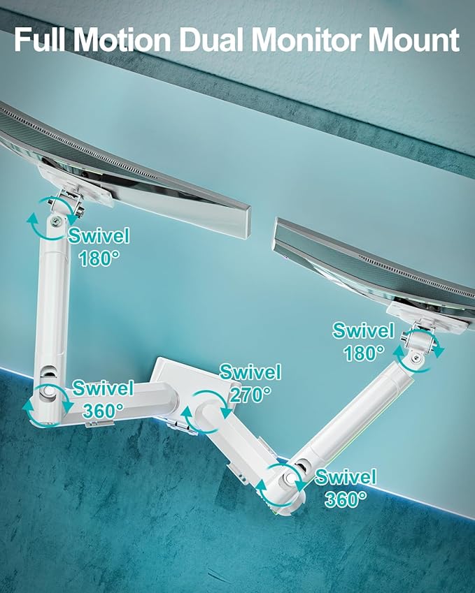 Dual Monitor Desk Mount, 13-32 inch Adjustable Gas Spring Monitor Arm, Computer Display Stand Holder with Clamp and Grommet Base, Fits 4.4 to 22lbs Screens, VESA Mount Bracket, White, Freelift Pro