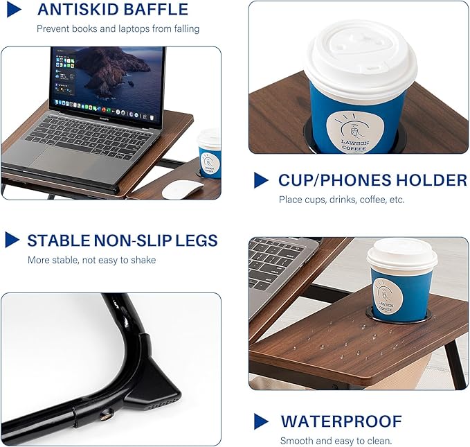 Laptop Desk for Bed Couch, Adjustable Foldable Bed Table with Cup Holder, Breakfast Serving Tray, Portable Laptop Lap Desk Stand for Working Reading Writing Eating Gaming in Bed Sofa Floor(DarkWalnut)