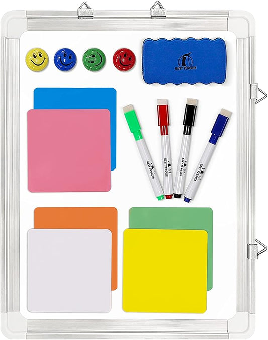 Whiteboard Set - White Board 15 x 12 in with 1 Dry Erase Eraser, 4 Dry Wipe Markers, 4 Magnets and 6 Magnetic Labels - Small Wall Hanging Reminder Magnetic Board for Home, Office, Cubicle and Desk