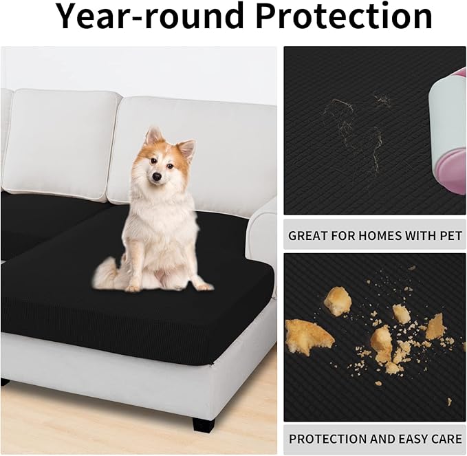 Easy-Going Stretch 3 Pieces Couch Cushion Covers for Sectional Sofa Left/Right L Shape Chaise Lounge Sofa Seat slipcover Anti-Slip Sofa Cover Soft (2 Seater + 1 Chaise, Black)