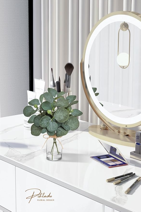 12" Fake Eucalyptus Stems in Vase with Faux Water,Artificial Plants Leaves for Shelf Desk Bathroom Farmhouse Room Coffee Table Home Decor (Eucalyptus-Fruit)