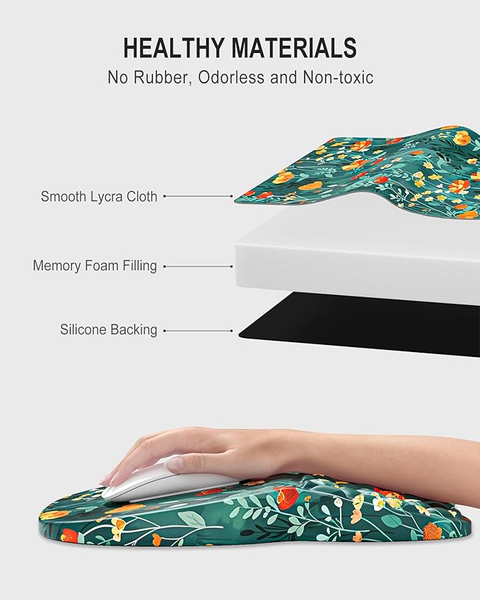 Auhoahsil Ergonomic Mouse Pad with Wrist Rest, Slope Computer Mouse Mat with Wrist Support, Memory Foam Filling, Non-Slip Silicone Base, Pain Relief, for Gaming & Work, 8 x 12 in, Green Flowers