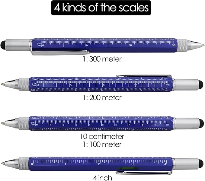 HeTaoCat Metal Multi-tool - 6-in-1 Stylus Pen with Screwdriver, Phillips & Flathead Bits, Ballpoint Pen, Stylus, Bubble Level, Ruler (Blue)