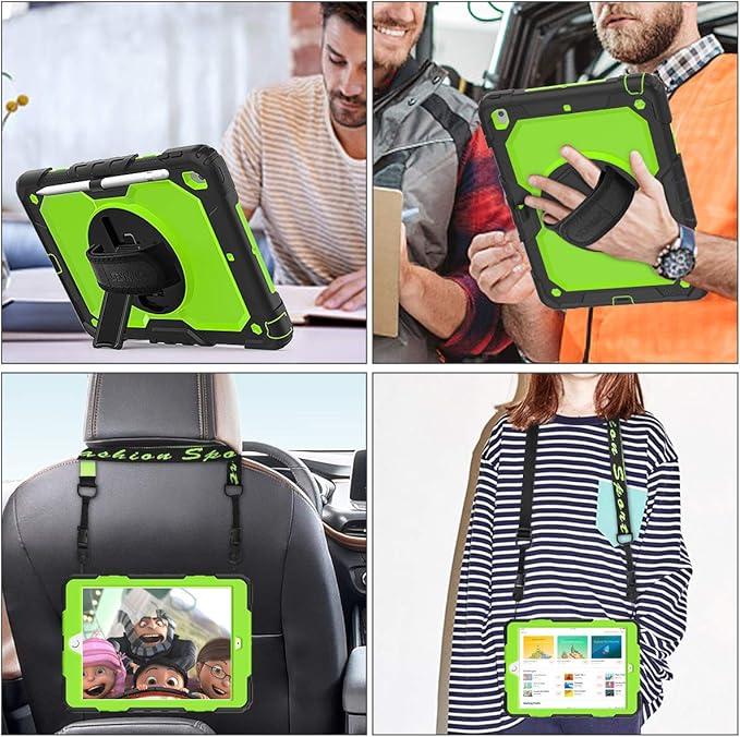 SEYMAC stock Case for iPad 9th/ 8th/ 7th Generation 10.2'', Shockproof with Screen Protector, Pencil Holder [360° Rotating Hand Strap] & Stand, for iPad 10.2 inch 2021-2019 (Green+Black)